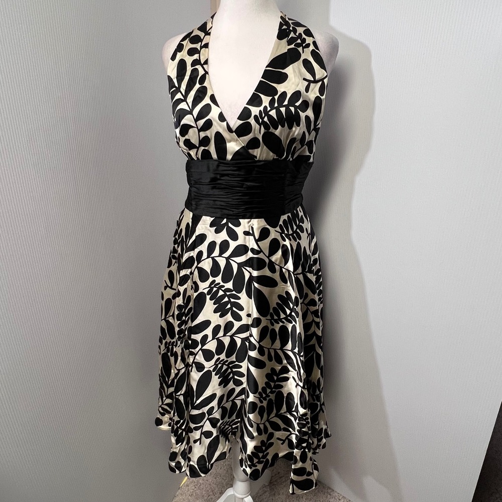 Maggy‎ London Silk Baby Doll Tropical Print Halter Dress Cocktail Party Midi